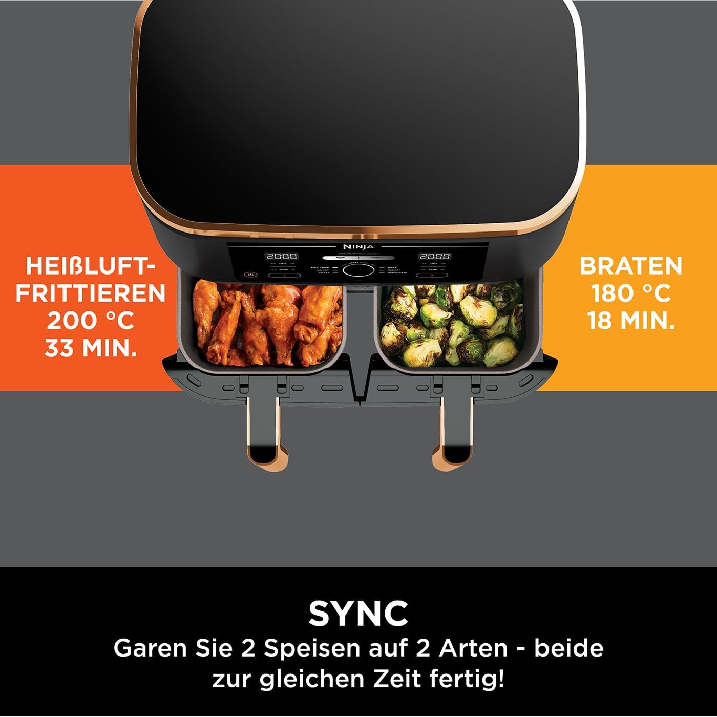 Ninja [AF300EU] 2 Large Frying Compartments, 6 Functions, 2470 W, 2 Independent Garzones, 7.6 Litres, 65% Save Energy Costs - Online Shop