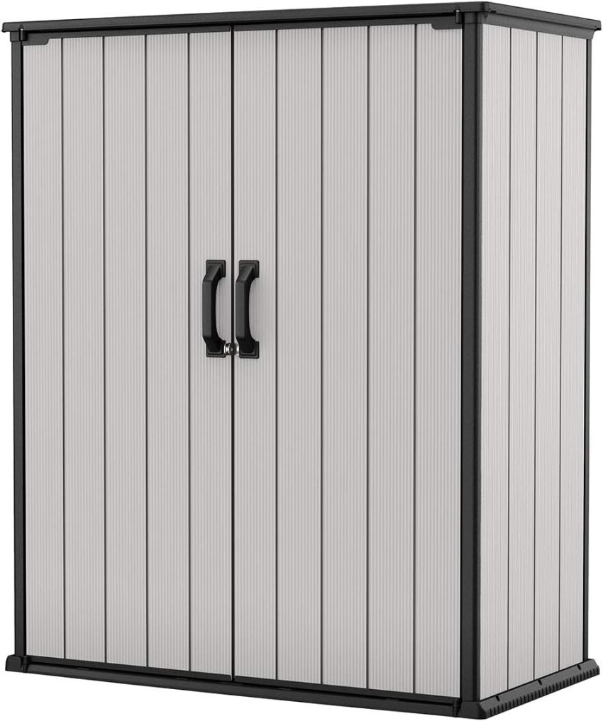 Keter Premier Tall 4.6 x 5.6 ft. Resin Outdoor Storage Shed with Shelving Brackets for Patio Furniture, Pool Accessories, and Bikes, Grey & Black - Online Shop