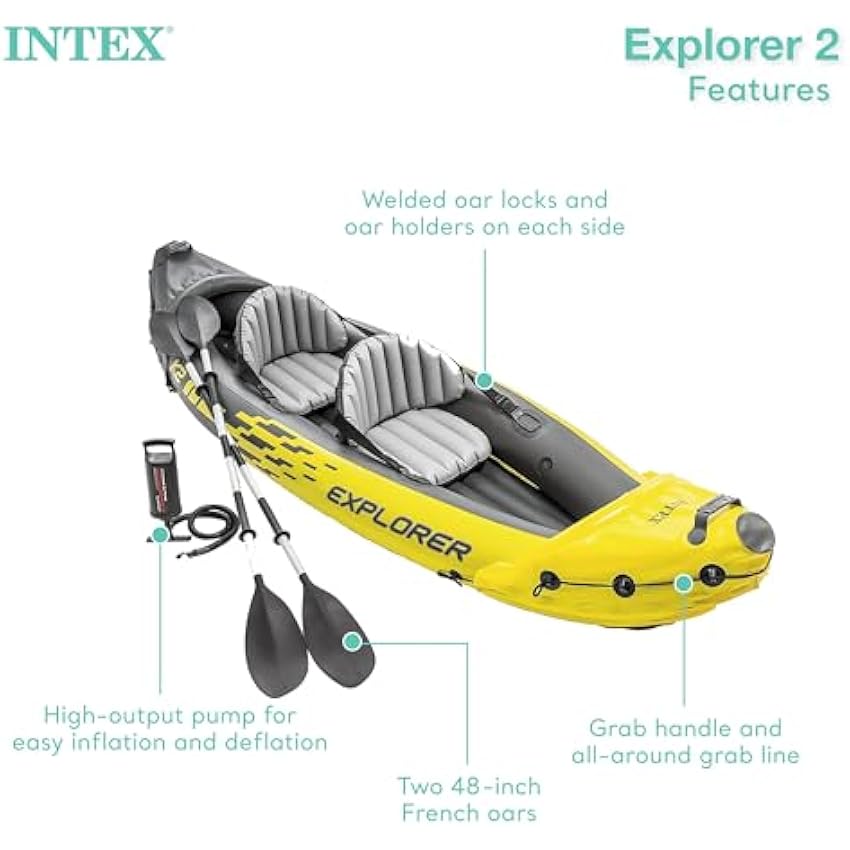 Intex 68307EP Explorer K2 Inflatable Kayak Set: Includes Deluxe 86in Aluminum Oars and High-Output Pump – SuperStrong PVC – Adjustable Seats with Backrest – 2-Person – 400lb Weight Capacity - Online Shop