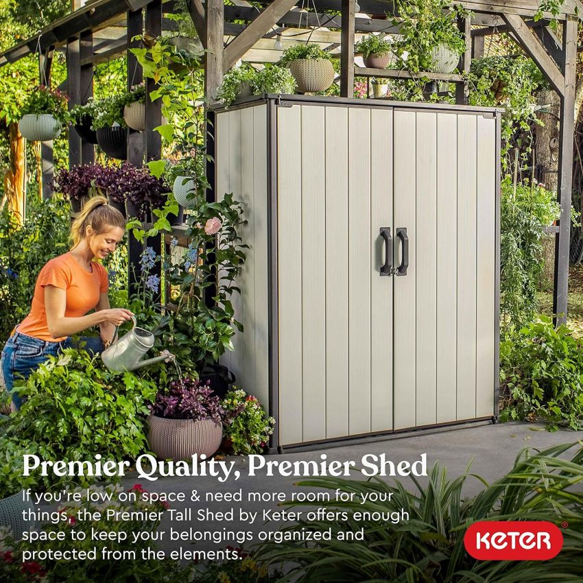 Keter Premier Tall 4.6 x 5.6 ft. Resin Outdoor Storage Shed with Shelving Brackets for Patio Furniture, Pool Accessories, and Bikes, Grey & Black - Online Shop