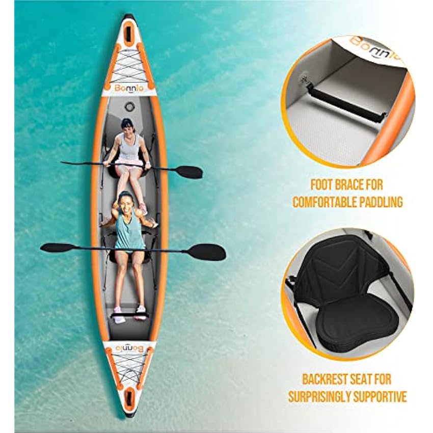 Bonnlo Inflatable Kayak Foldable Kayak for Adults Blow Up Kayaks with Seats, Foot Pedal, 7.6ft Aluminum Oars, Output - Input Air Pump for 1 Person, 2 Person, 2 Plus 1 Child, Easily Track, Dropstitch - Online Shop