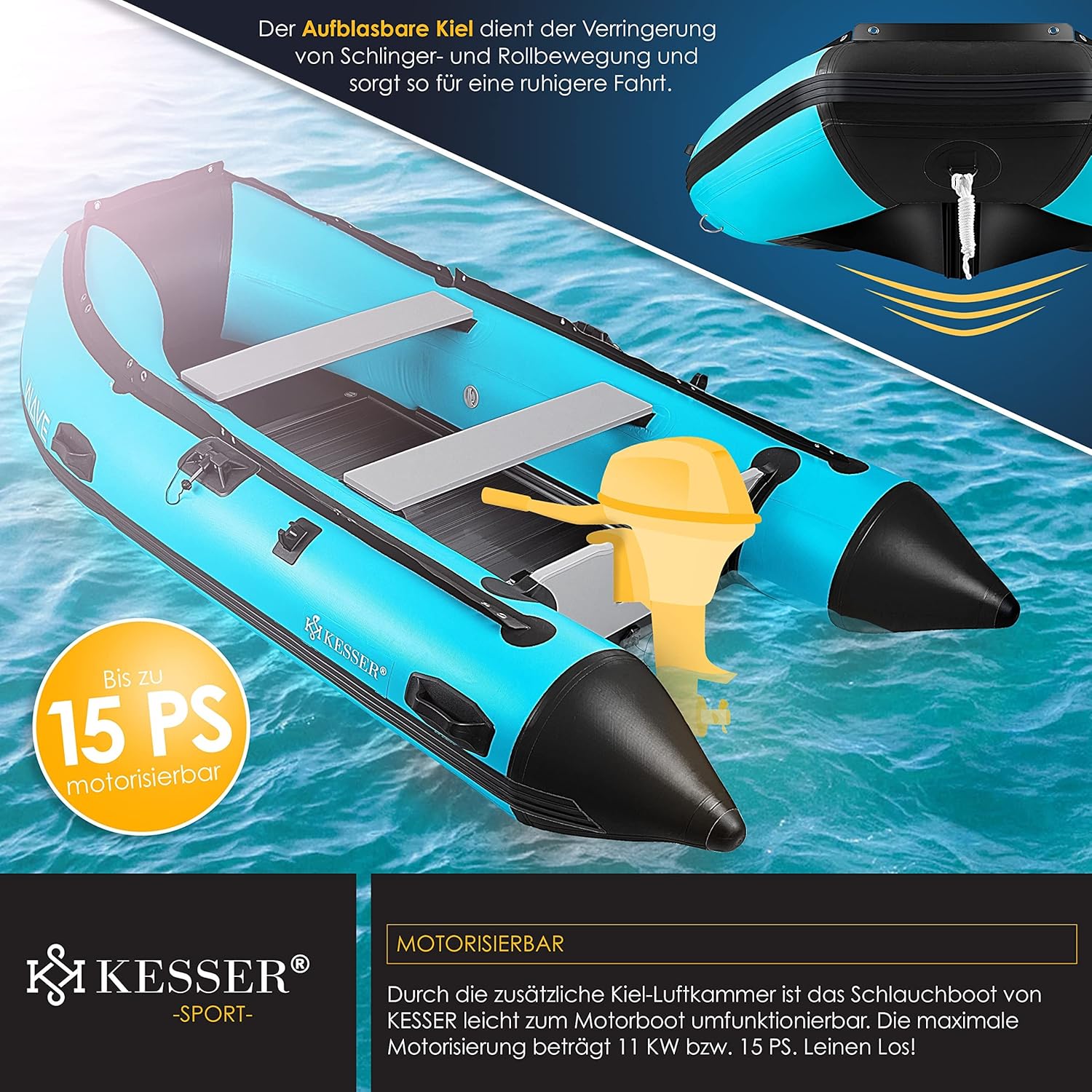 KESSER® Inflatable Boat 3.20 m for 4 People - Wave Motor Suitable Leisure Boat Paddle Boat Motor Boat Fishing Boat - with 2 Benches - Aluminium Base Paddle Pump Repair Kit & Bag Inflatable PVC - Online Shop