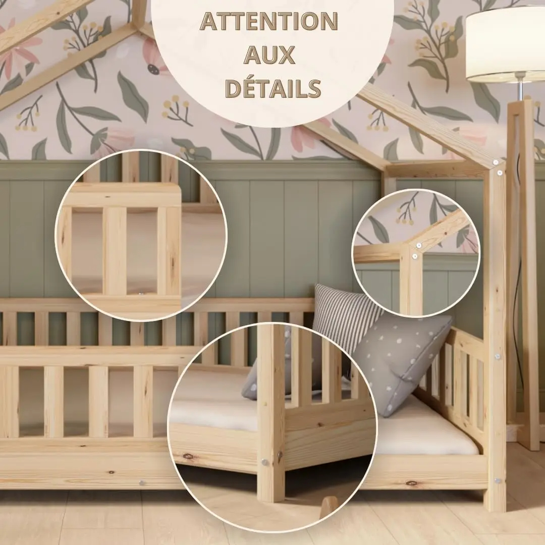 Crazy Pine Cabin Bed 160x80 cm – Natural Wood Children's Bed with Barrier – Montessori Floor Bed with Height-Adjustable Legs and Removable Barrier - Crazy House - Online Shop
