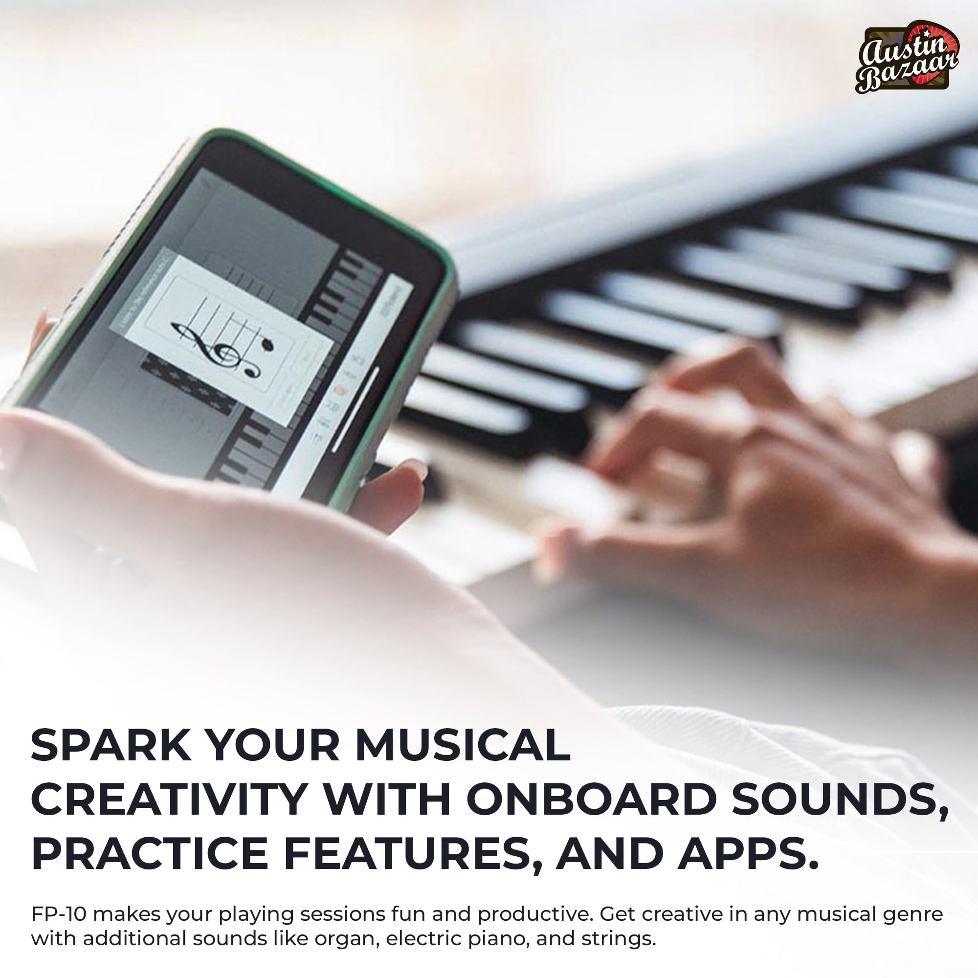 Roland FP-10 Digital Piano - Black Bundle with KSC-FP10 Stand, Bench, Sustain Pedal, Instructional Book, Online Lessons, Instructional DVD, and Austin Bazaar Polishing Cloth - Online Shop