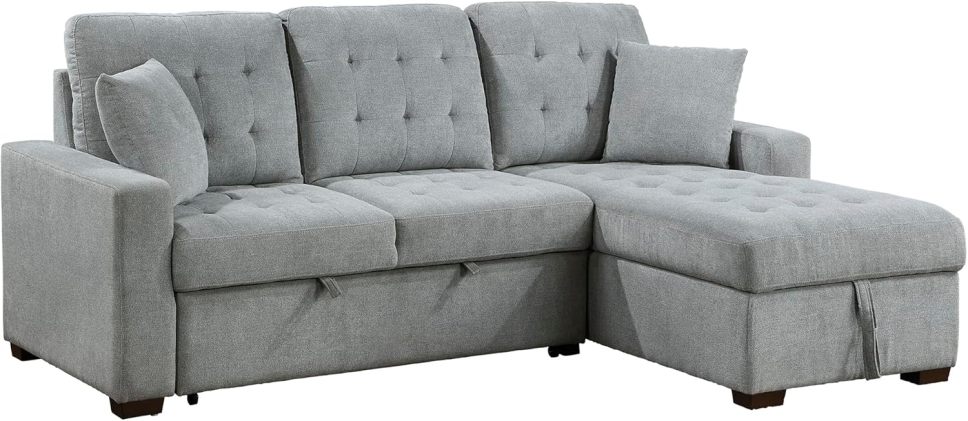 Sleeper Sofa, L Shape Sectional Couch with Right Storage Chaise and Pull Out Sofa Bed, Grey - Online Shop