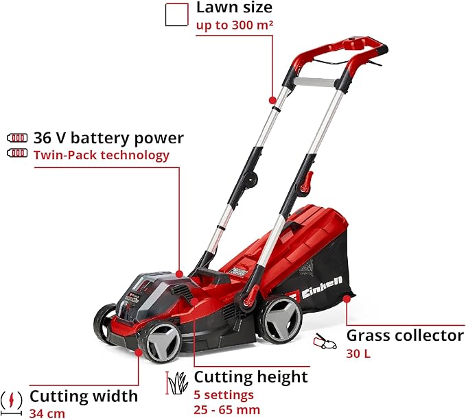 Power X-Change RASARRO 36/34 Cordless Lawnmower With Battery (x2) And Charger (x2) - 36V, 34cm Cutting Width, 30L Grass Box, 5 Cut Heights - Battery Lawn Mower For Lawns Up To 300m² - Online Shop