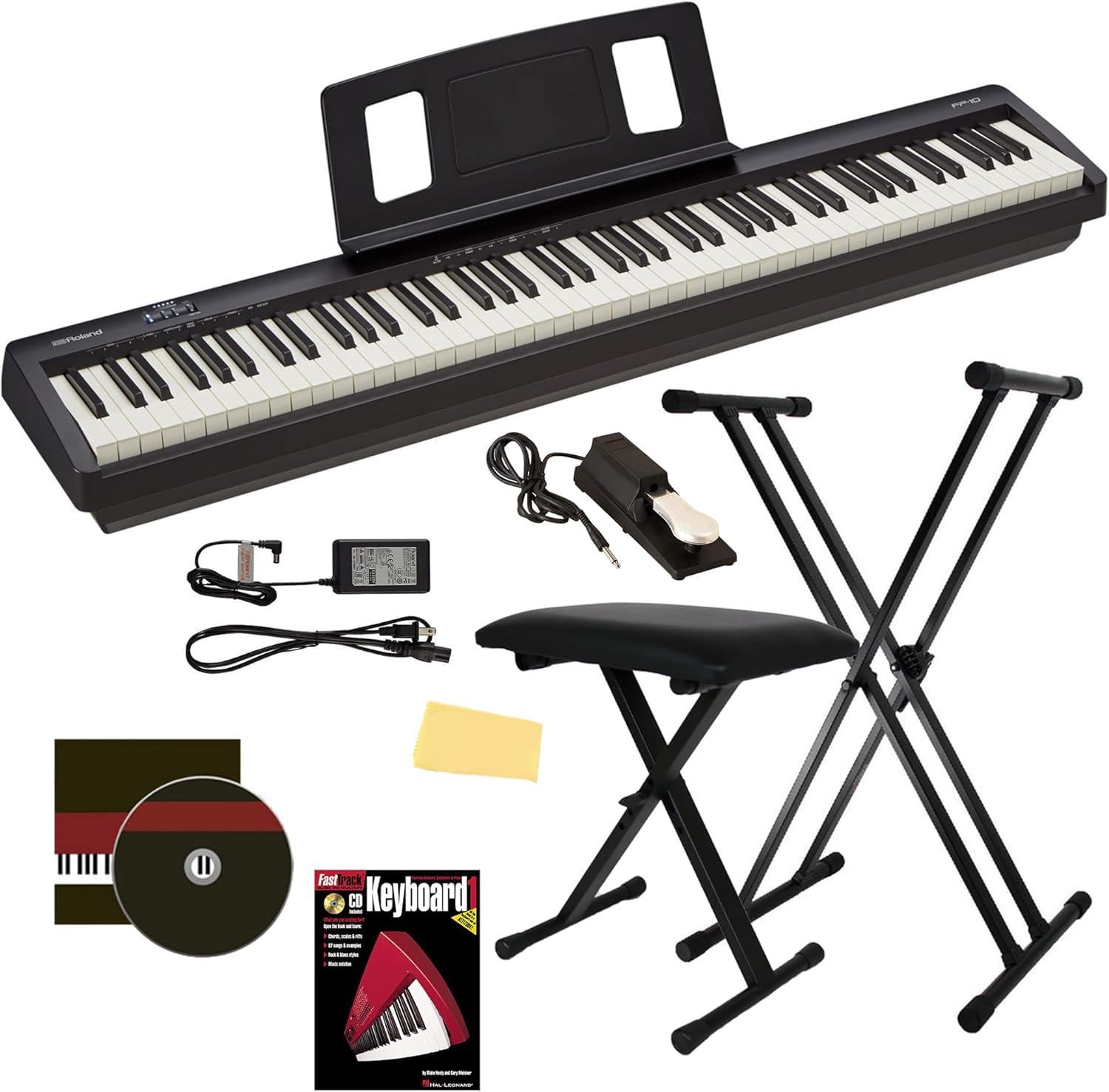 Roland FP-10 Digital Piano - Black Bundle with KSC-FP10 Stand, Bench, Sustain Pedal, Instructional Book, Online Lessons, Instructional DVD, and Austin Bazaar Polishing Cloth - Online Shop