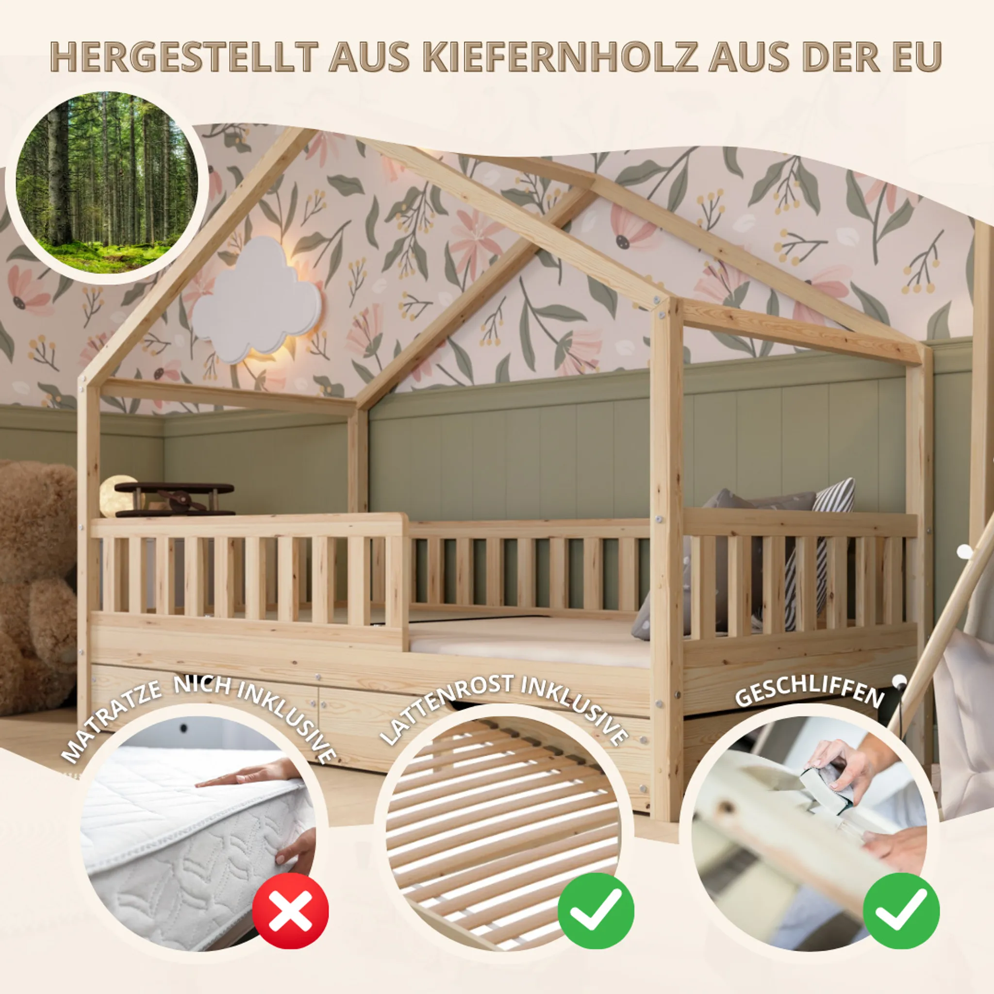 Crazy Pine House Bed with Drawers 80x160 cm – Children's Bed Made of Natural Wood – Floor Bed with Storage and Removable Barrier - Crazy House - Online Shop