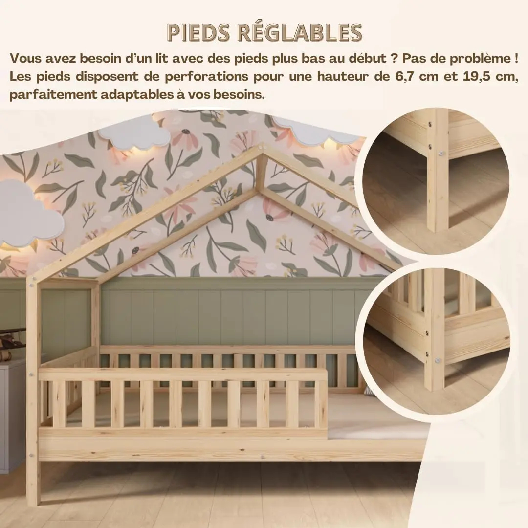 Crazy Pine Cabin Bed 160x80 cm – Natural Wood Children's Bed with Barrier – Montessori Floor Bed with Height-Adjustable Legs and Removable Barrier - Crazy House - Online Shop