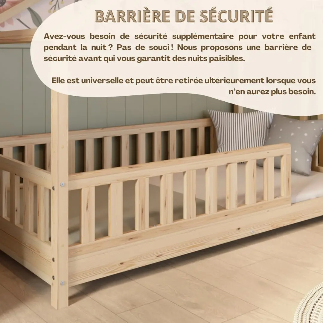 Crazy Pine Cabin Bed 160x80 cm – Natural Wood Children's Bed with Barrier – Montessori Floor Bed with Height-Adjustable Legs and Removable Barrier - Crazy House - Online Shop