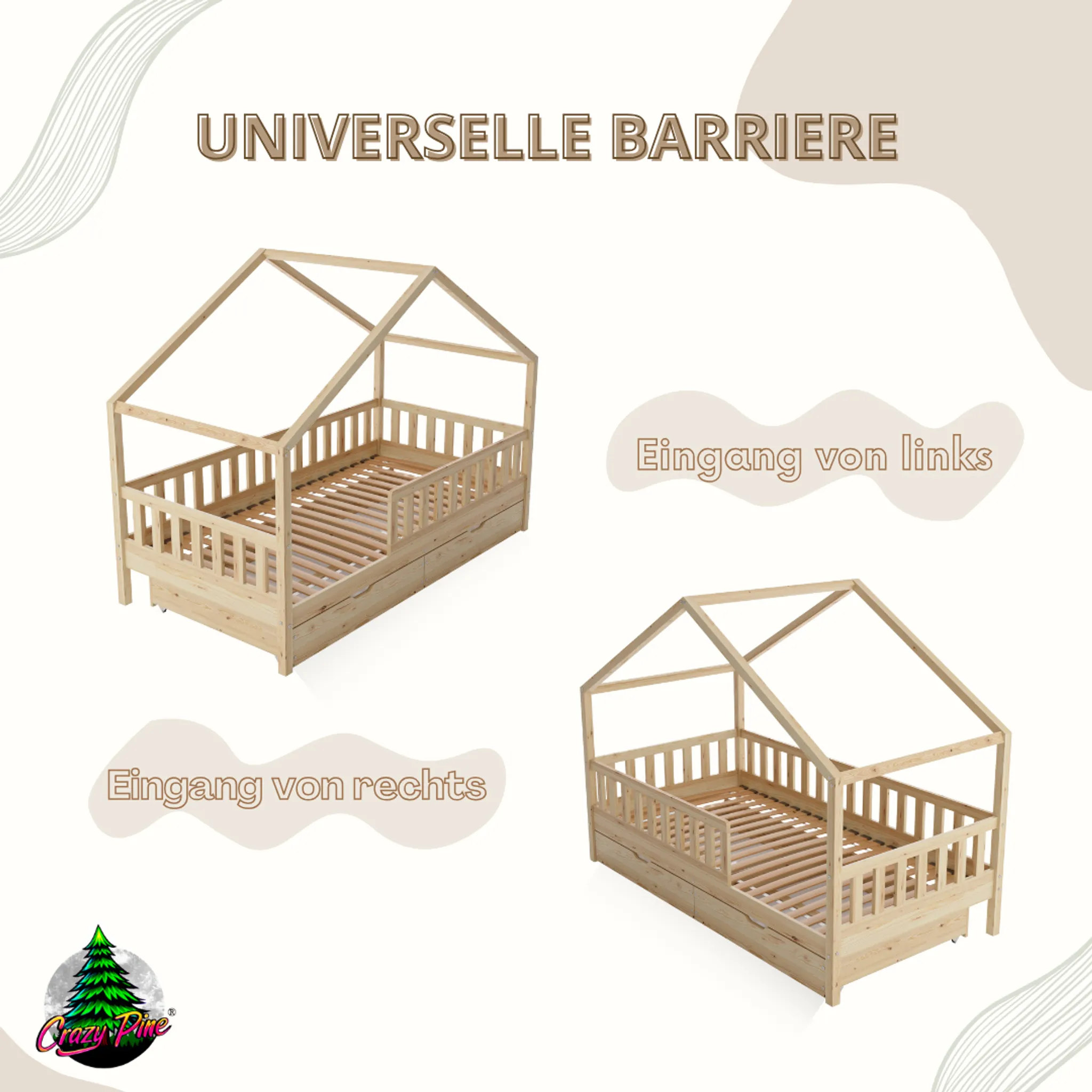 Crazy Pine House Bed with Drawers 80x160 cm – Children's Bed Made of Natural Wood – Floor Bed with Storage and Removable Barrier - Crazy House - Online Shop