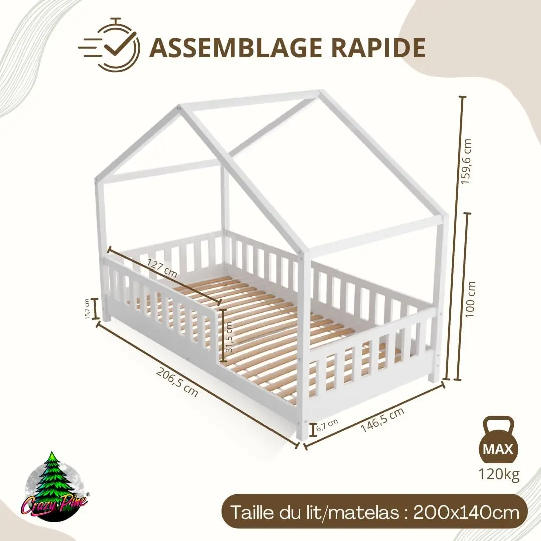 Crazy Pine Cabin Bed 160x80 cm – Natural Wood Children's Bed with Barrier – Montessori Floor Bed with Height-Adjustable Legs and Removable Barrier - Crazy House - Online Shop