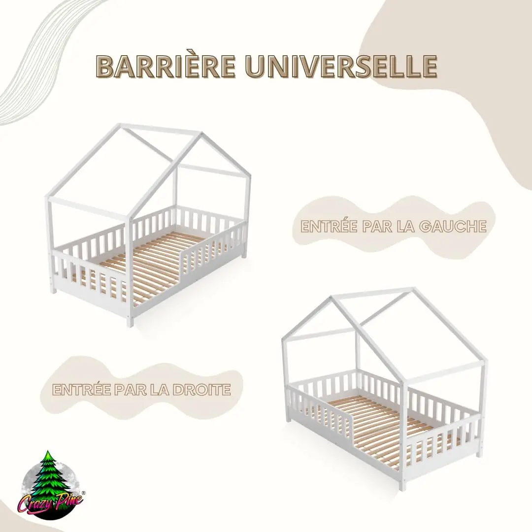 Crazy Pine Cabin Bed 160x80 cm – Natural Wood Children's Bed with Barrier – Montessori Floor Bed with Height-Adjustable Legs and Removable Barrier - Crazy House - Online Shop