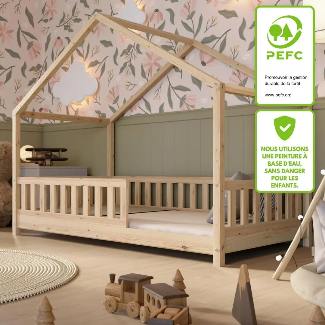 Crazy Pine Cabin Bed 160x80 cm – Natural Wood Children's Bed with Barrier – Montessori Floor Bed with Height-Adjustable Legs and Removable Barrier - Crazy House - Online Shop