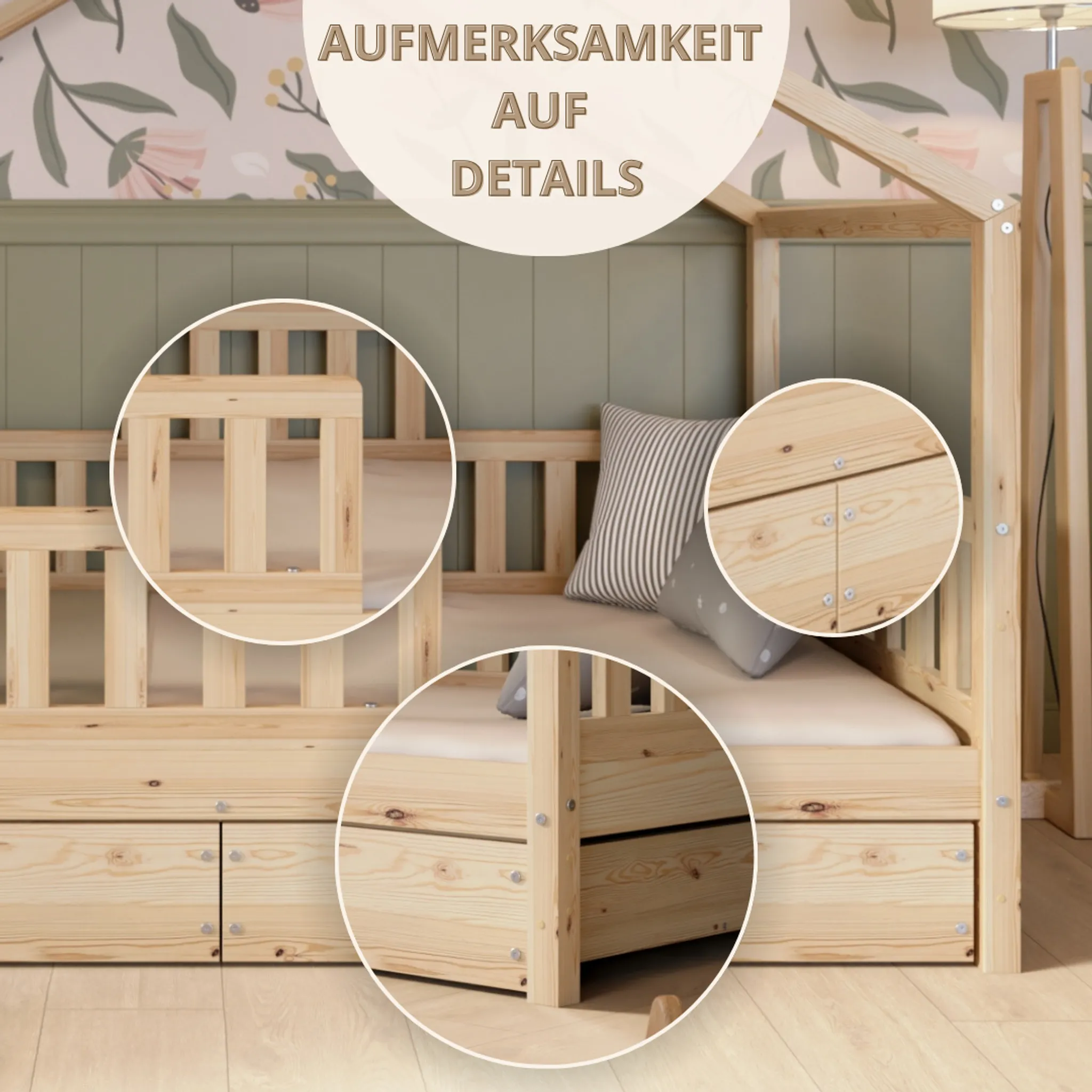 Crazy Pine House Bed with Drawers 80x160 cm – Children's Bed Made of Natural Wood – Floor Bed with Storage and Removable Barrier - Crazy House - Online Shop