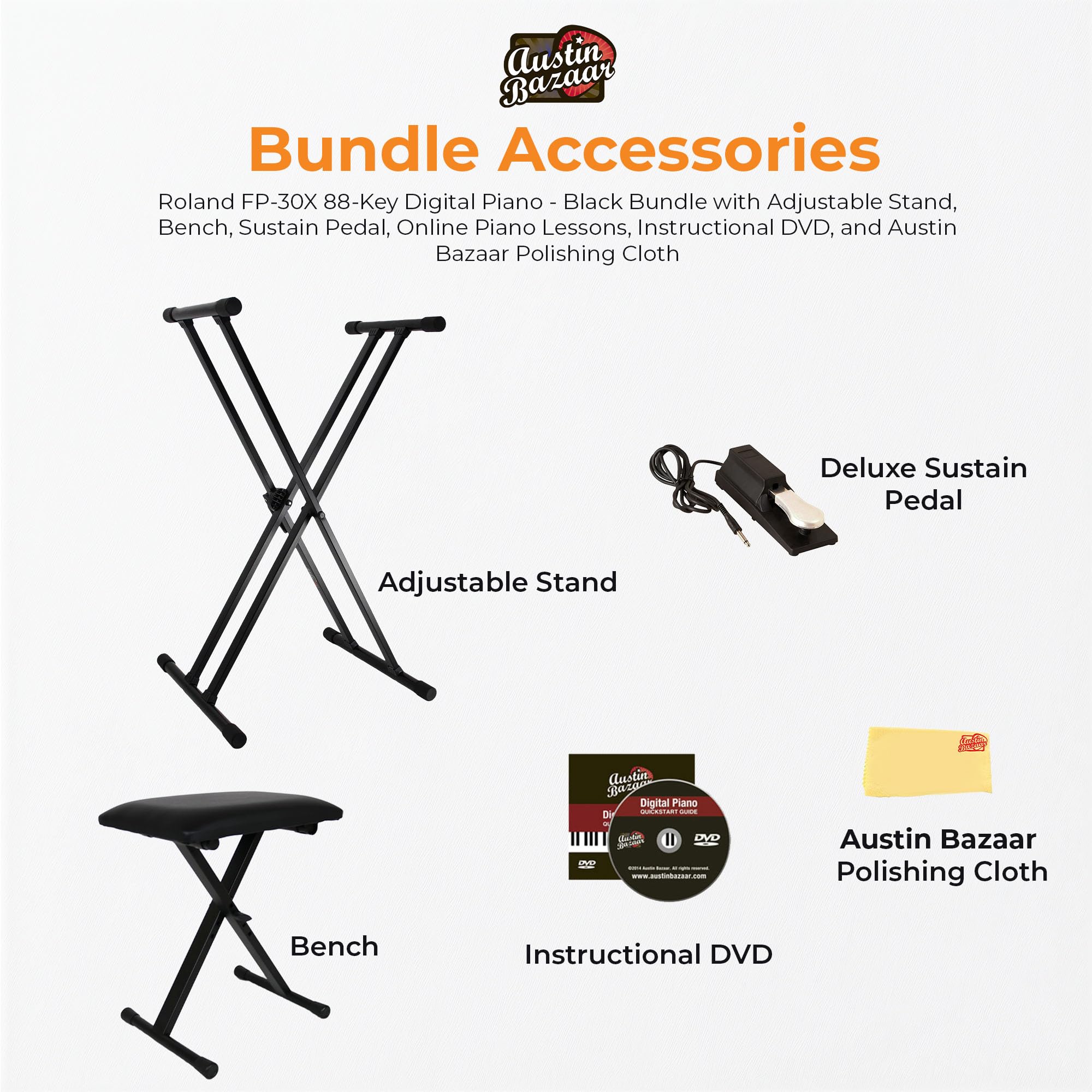 Roland FP-10 Digital Piano - Black Bundle with KSC-FP10 Stand, Bench, Sustain Pedal, Instructional Book, Online Lessons, Instructional DVD, and Austin Bazaar Polishing Cloth - Online Shop