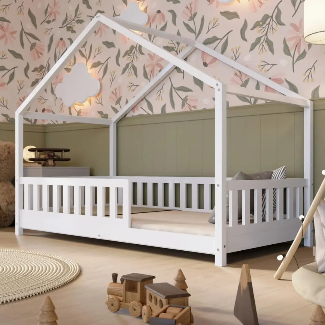 Crazy Pine Cabin Bed 160x80 cm – Natural Wood Children's Bed with Barrier – Montessori Floor Bed with Height-Adjustable Legs and Removable Barrier - Crazy House - Online Shop