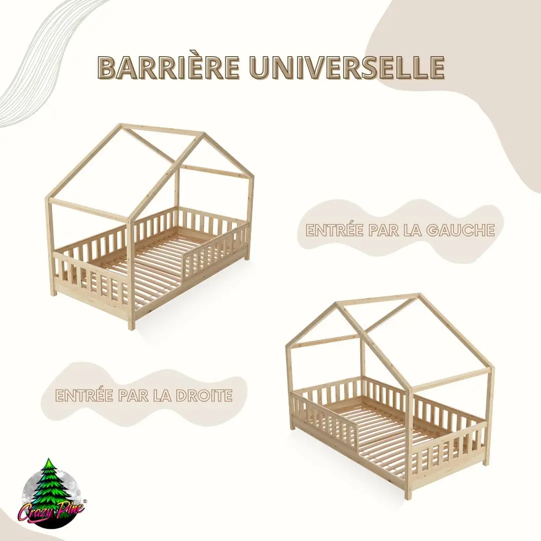 Crazy Pine Cabin Bed 160x80 cm – Natural Wood Children's Bed with Barrier – Montessori Floor Bed with Height-Adjustable Legs and Removable Barrier - Crazy House - Online Shop