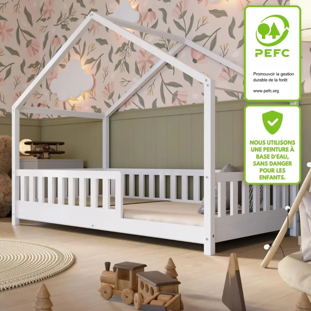 Crazy Pine Cabin Bed 160x80 cm – Natural Wood Children's Bed with Barrier – Montessori Floor Bed with Height-Adjustable Legs and Removable Barrier - Crazy House - Online Shop