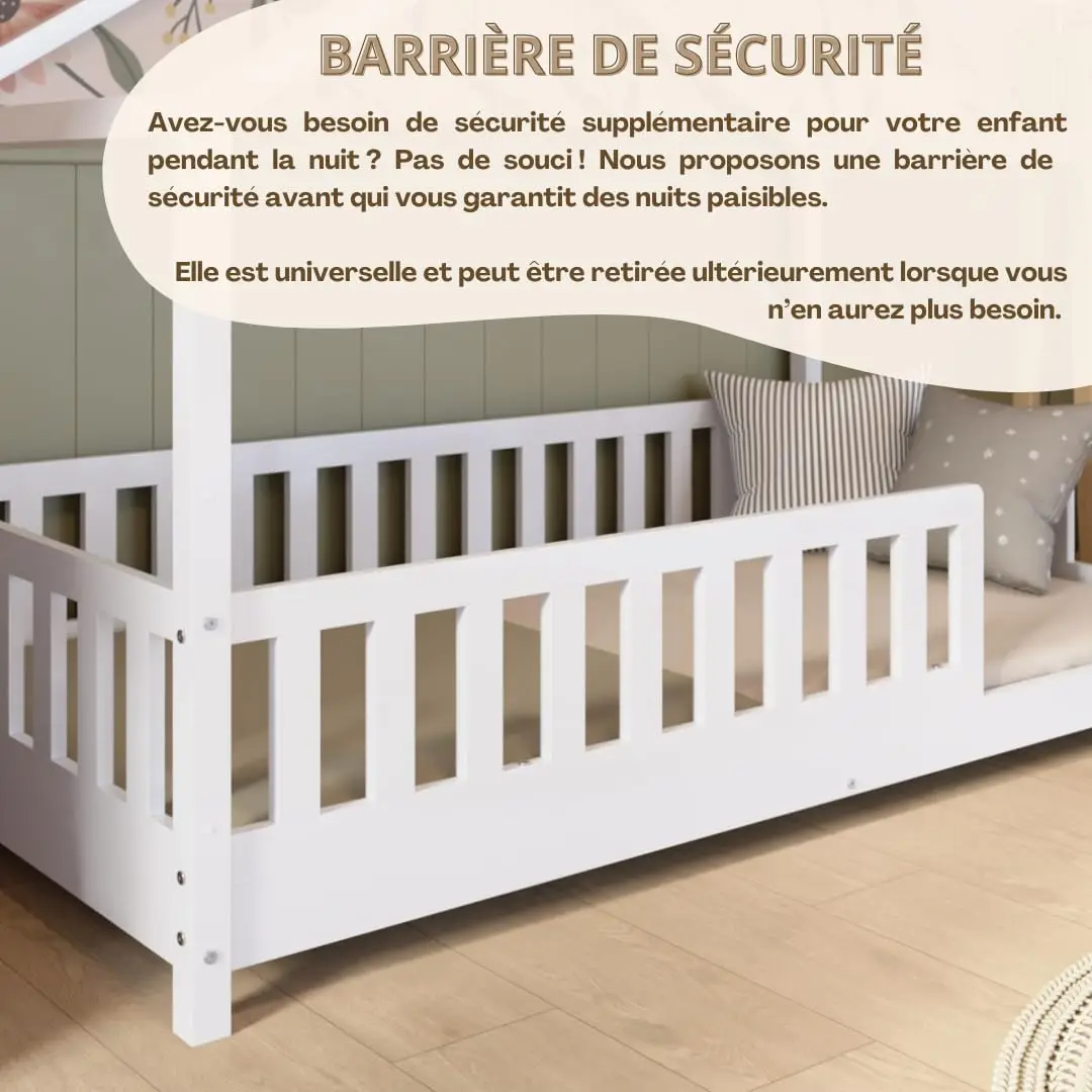 Crazy Pine Cabin Bed 160x80 cm – Natural Wood Children's Bed with Barrier – Montessori Floor Bed with Height-Adjustable Legs and Removable Barrier - Crazy House - Online Shop