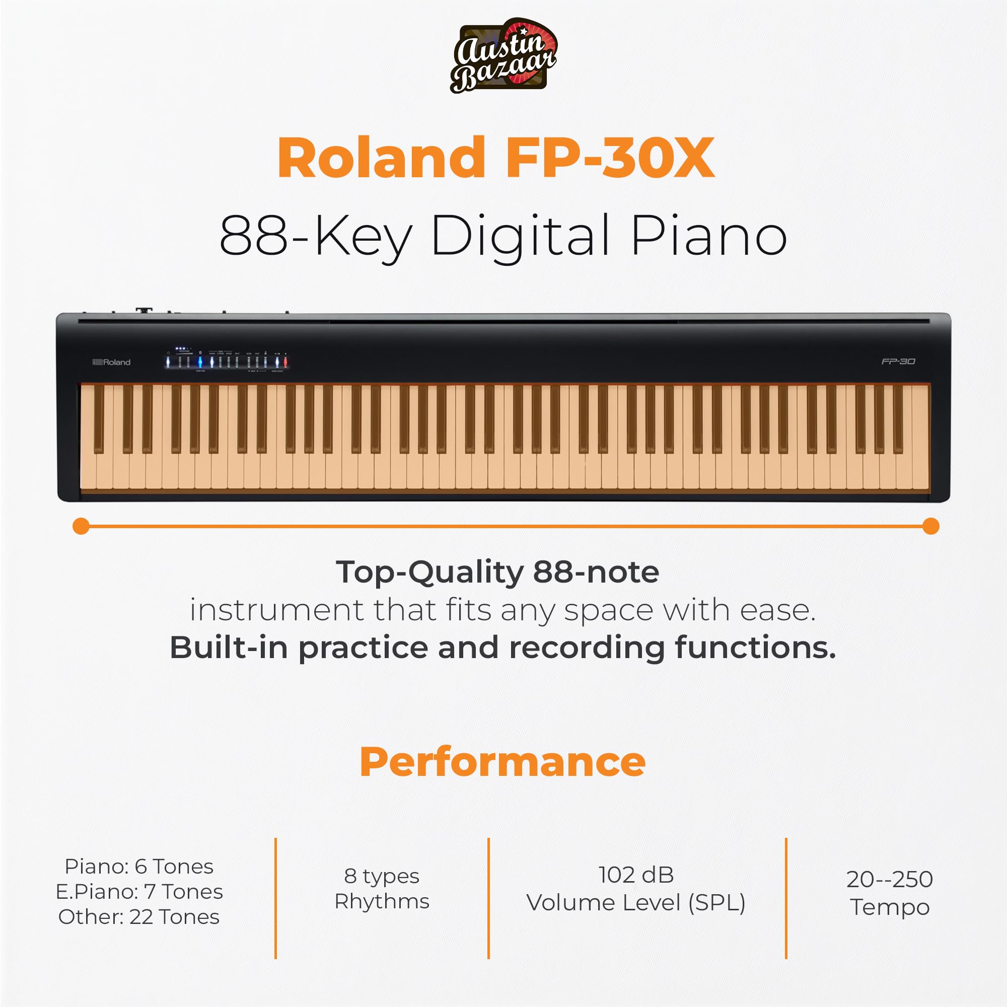 Roland FP-10 Digital Piano - Black Bundle with KSC-FP10 Stand, Bench, Sustain Pedal, Instructional Book, Online Lessons, Instructional DVD, and Austin Bazaar Polishing Cloth - Online Shop