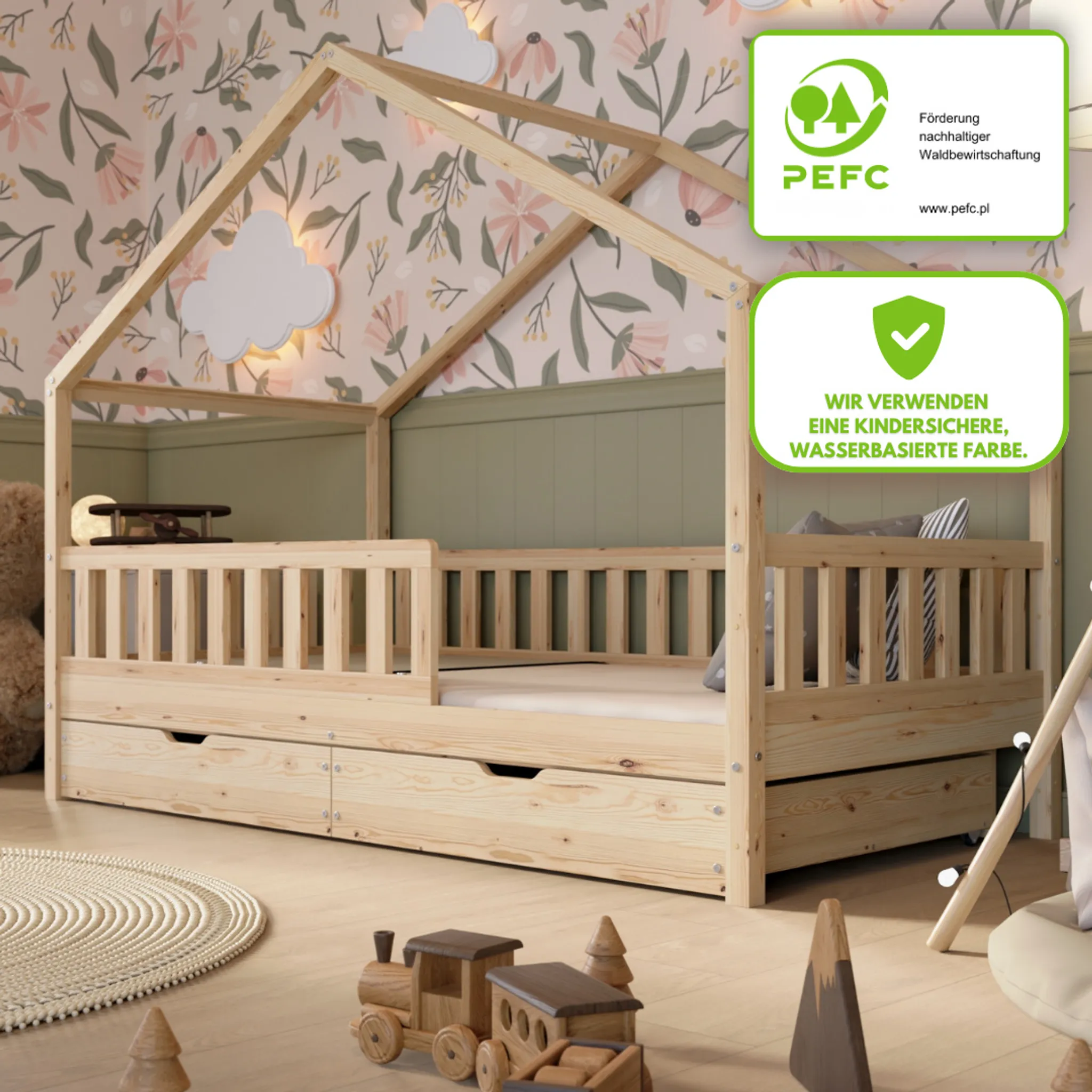 Crazy Pine House Bed with Drawers 80x160 cm – Children's Bed Made of Natural Wood – Floor Bed with Storage and Removable Barrier - Crazy House - Online Shop