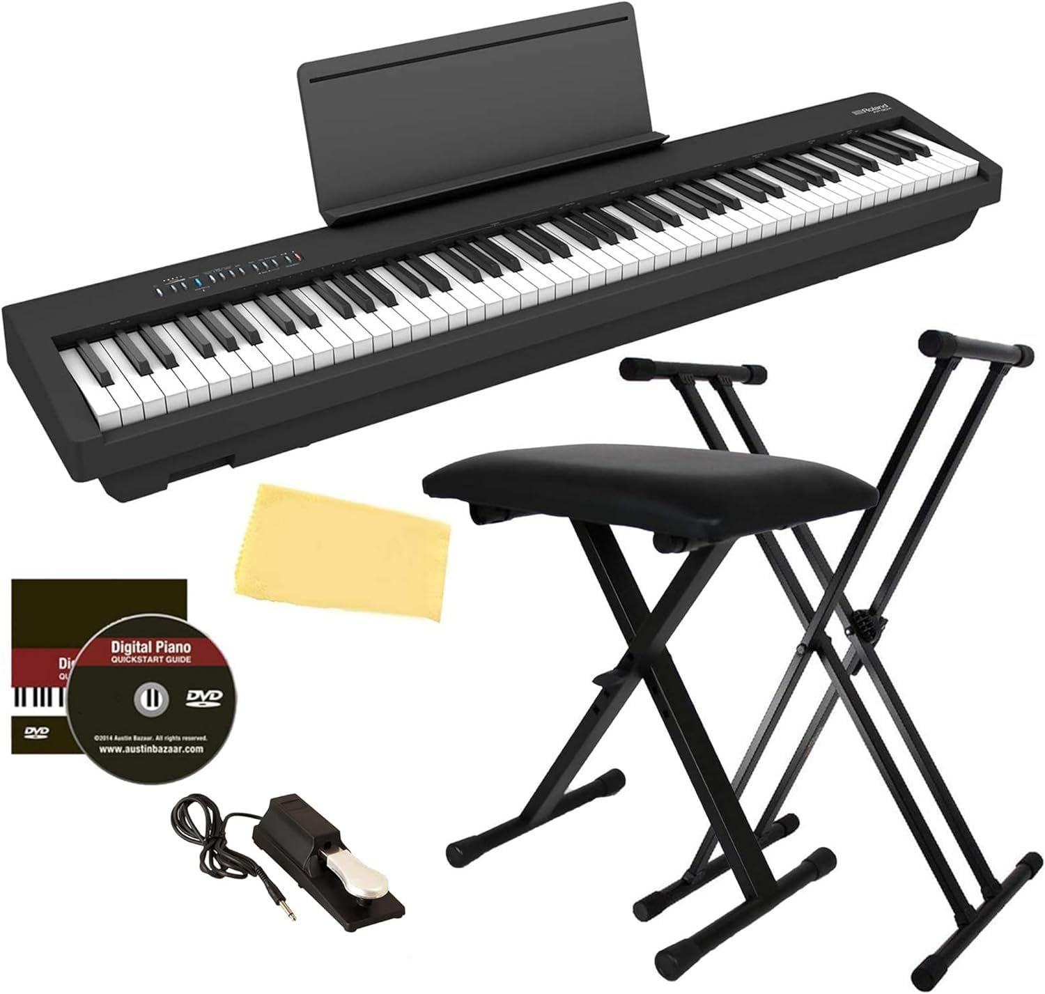 Roland FP-10 Digital Piano - Black Bundle with KSC-FP10 Stand, Bench, Sustain Pedal, Instructional Book, Online Lessons, Instructional DVD, and Austin Bazaar Polishing Cloth - Online Shop