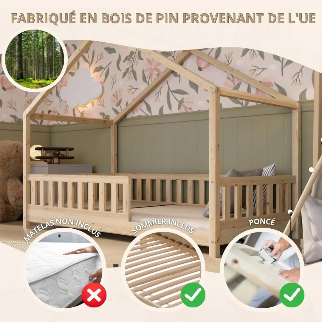 Crazy Pine Cabin Bed 160x80 cm – Natural Wood Children's Bed with Barrier – Montessori Floor Bed with Height-Adjustable Legs and Removable Barrier - Crazy House - Online Shop