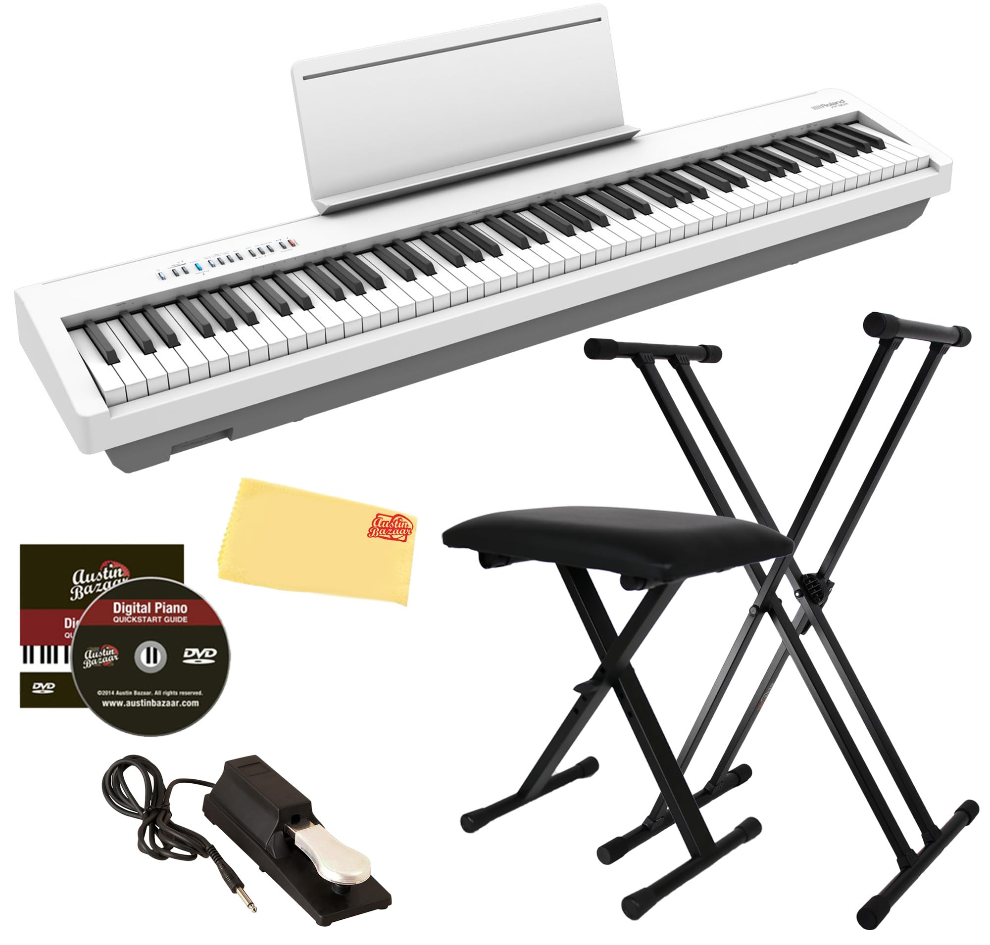 Roland FP-10 Digital Piano - Black Bundle with KSC-FP10 Stand, Bench, Sustain Pedal, Instructional Book, Online Lessons, Instructional DVD, and Austin Bazaar Polishing Cloth - Online Shop