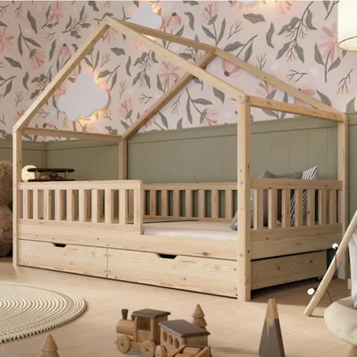 Crazy Pine House Bed with Drawers 80x160 cm – Children's Bed Made of Natural Wood – Floor Bed with Storage and Removable Barrier - Crazy House - Online Shop