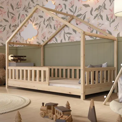 Crazy Pine House Bed with Drawers 80x160 cm – Children's Bed Made of Natural Wood – Floor Bed with Storage and Removable Barrier - Crazy House - Online Shop