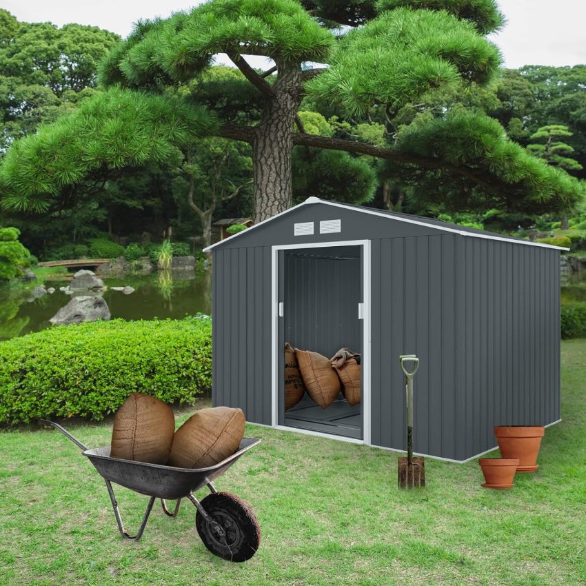 Metal Tool Shed, 277 cm x 191 cm x 192 cm, Garden Shed with Saddle Roof (Anthracite) - Online Shop