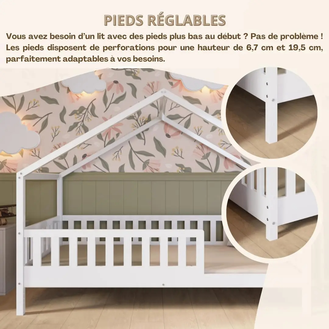 Crazy Pine Cabin Bed 160x80 cm – Natural Wood Children's Bed with Barrier – Montessori Floor Bed with Height-Adjustable Legs and Removable Barrier - Crazy House - Online Shop