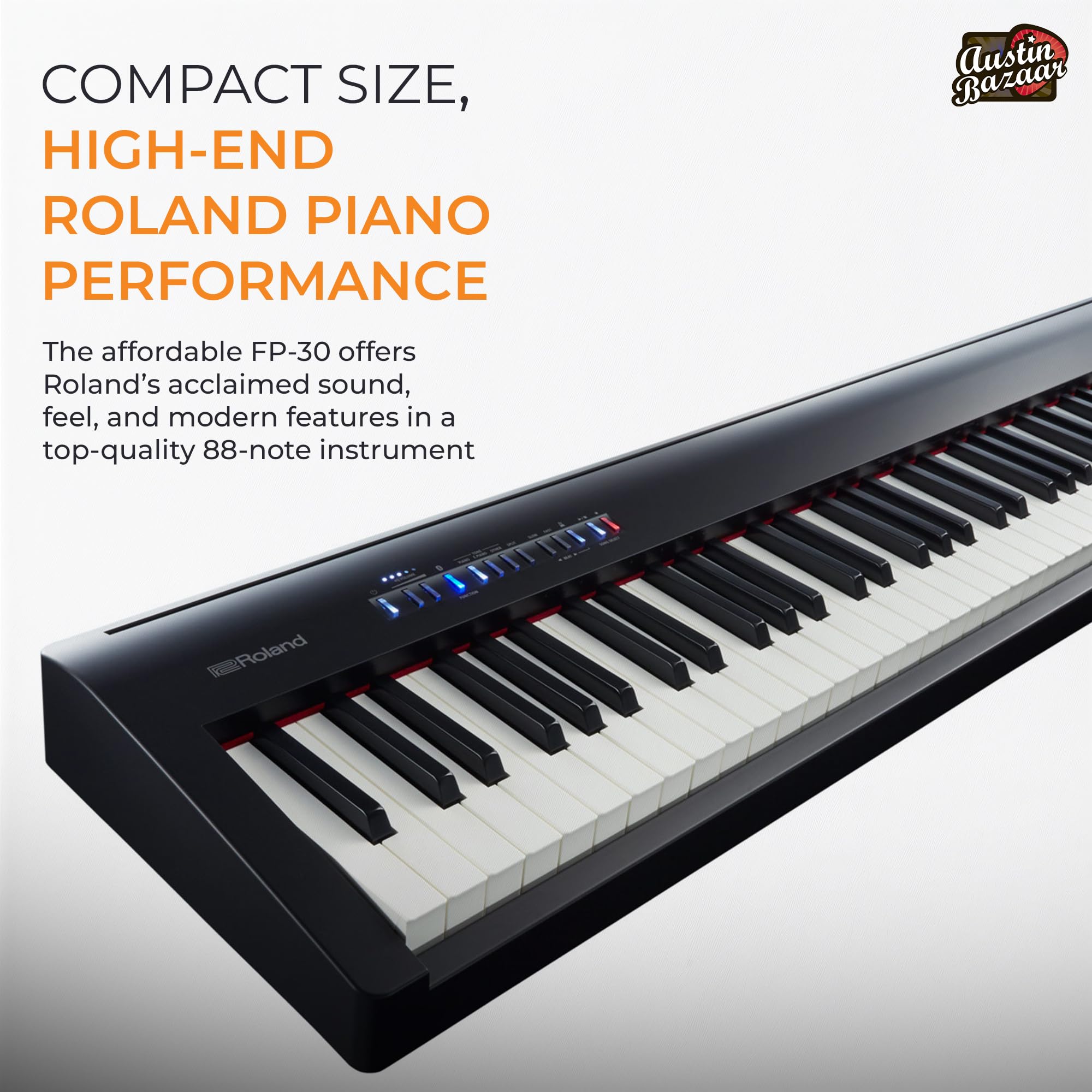 Roland FP-10 Digital Piano - Black Bundle with KSC-FP10 Stand, Bench, Sustain Pedal, Instructional Book, Online Lessons, Instructional DVD, and Austin Bazaar Polishing Cloth - Online Shop