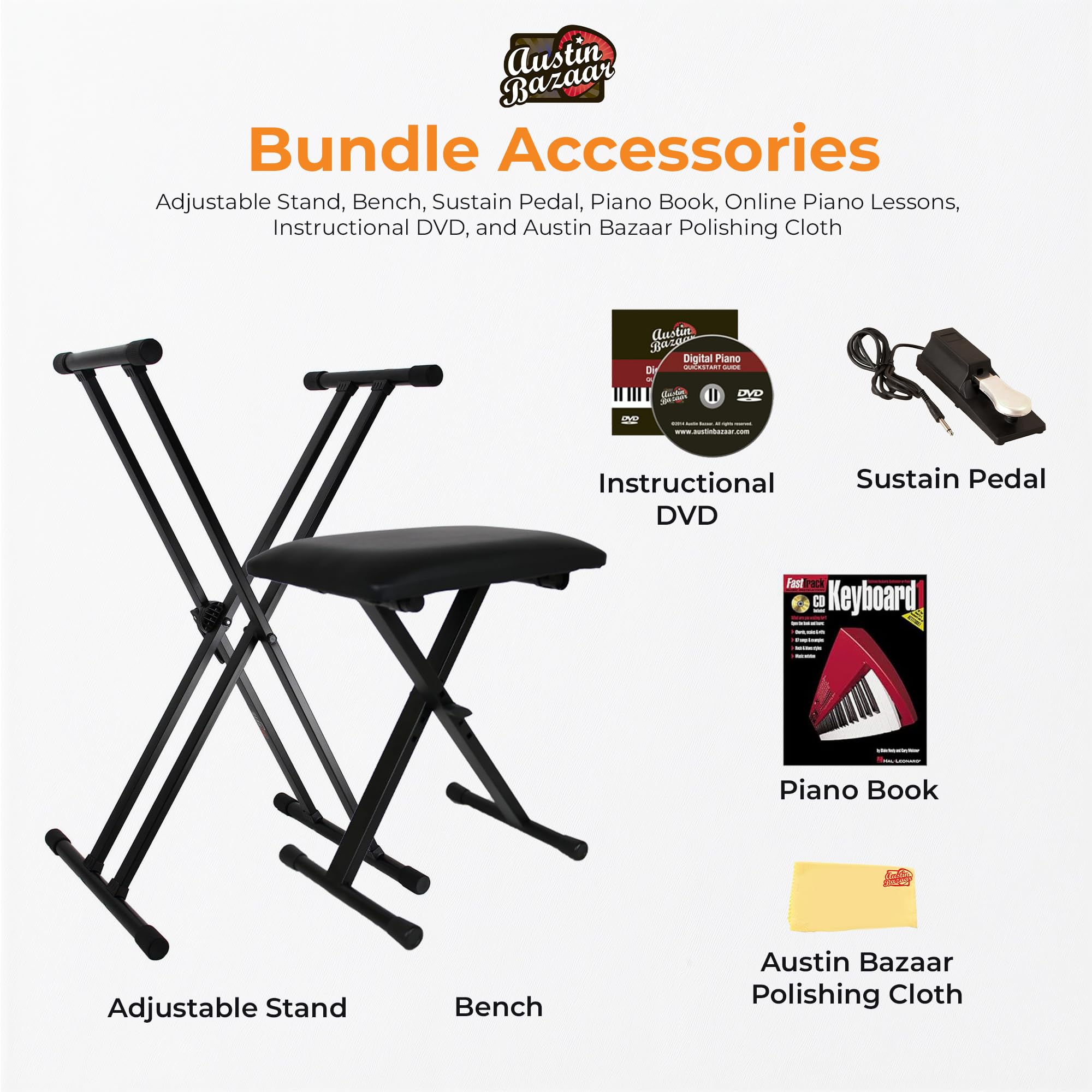 Roland FP-10 Digital Piano - Black Bundle with KSC-FP10 Stand, Bench, Sustain Pedal, Instructional Book, Online Lessons, Instructional DVD, and Austin Bazaar Polishing Cloth - Online Shop