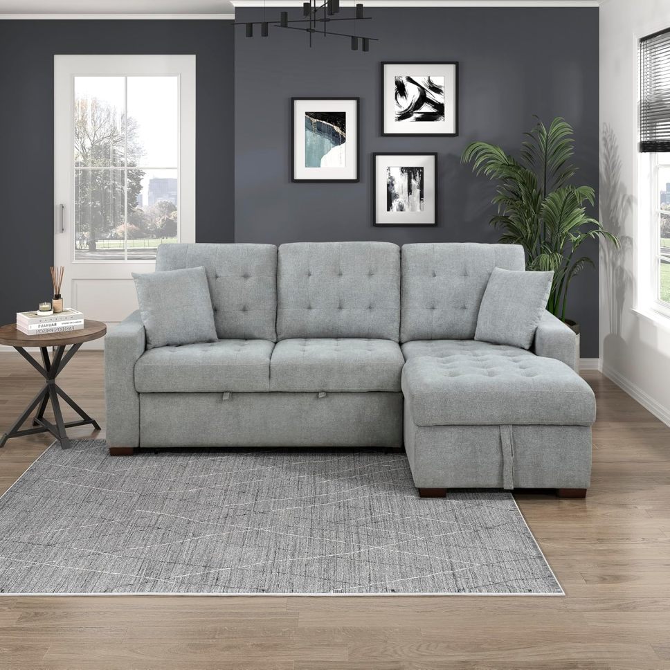 Sleeper Sofa, L Shape Sectional Couch with Right Storage Chaise and Pull Out Sofa Bed, Grey - Online Shop