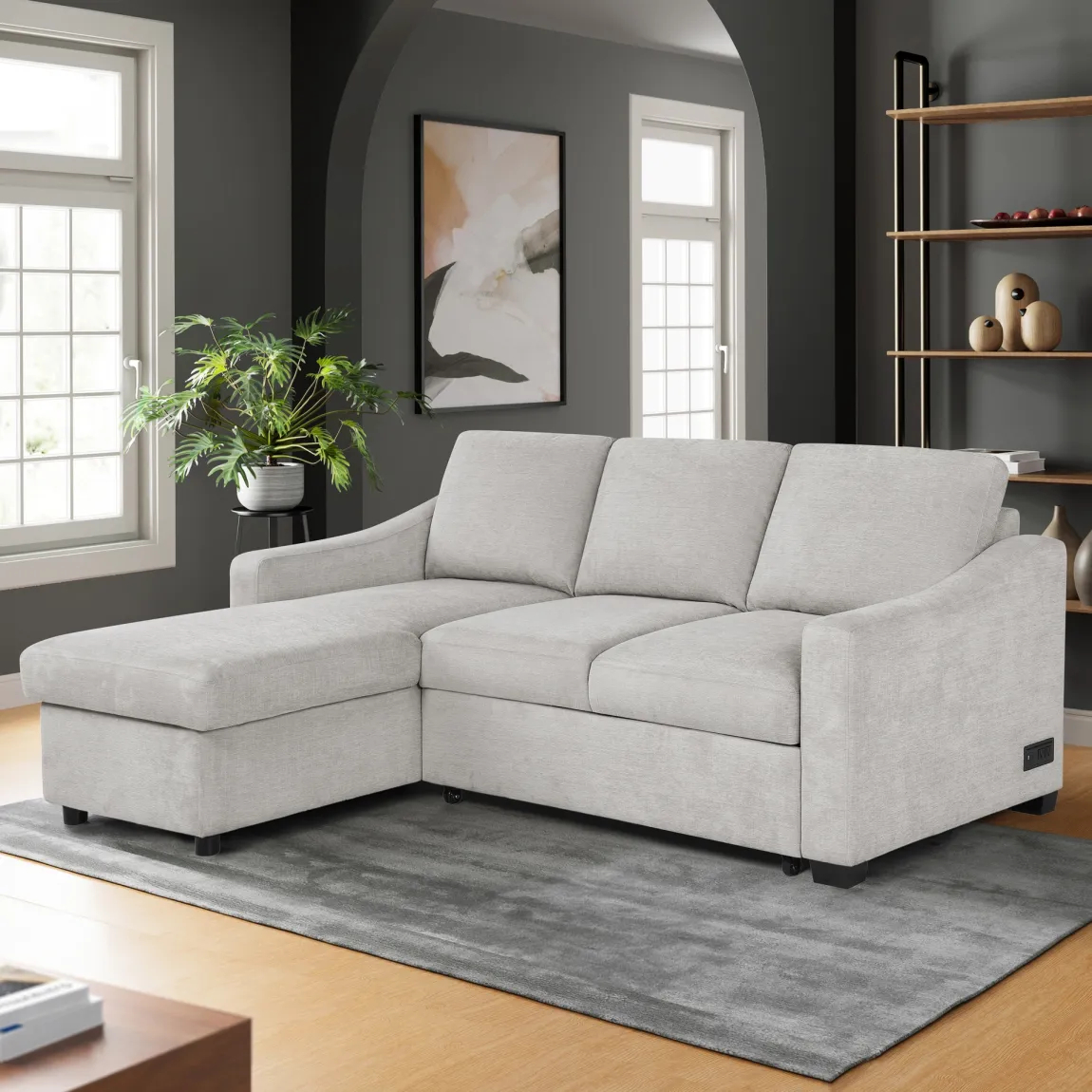 Coddle Aria Fabric Sleeper Sofa with Reversible Chaise and Storage, Beige/Gray - Online Shop