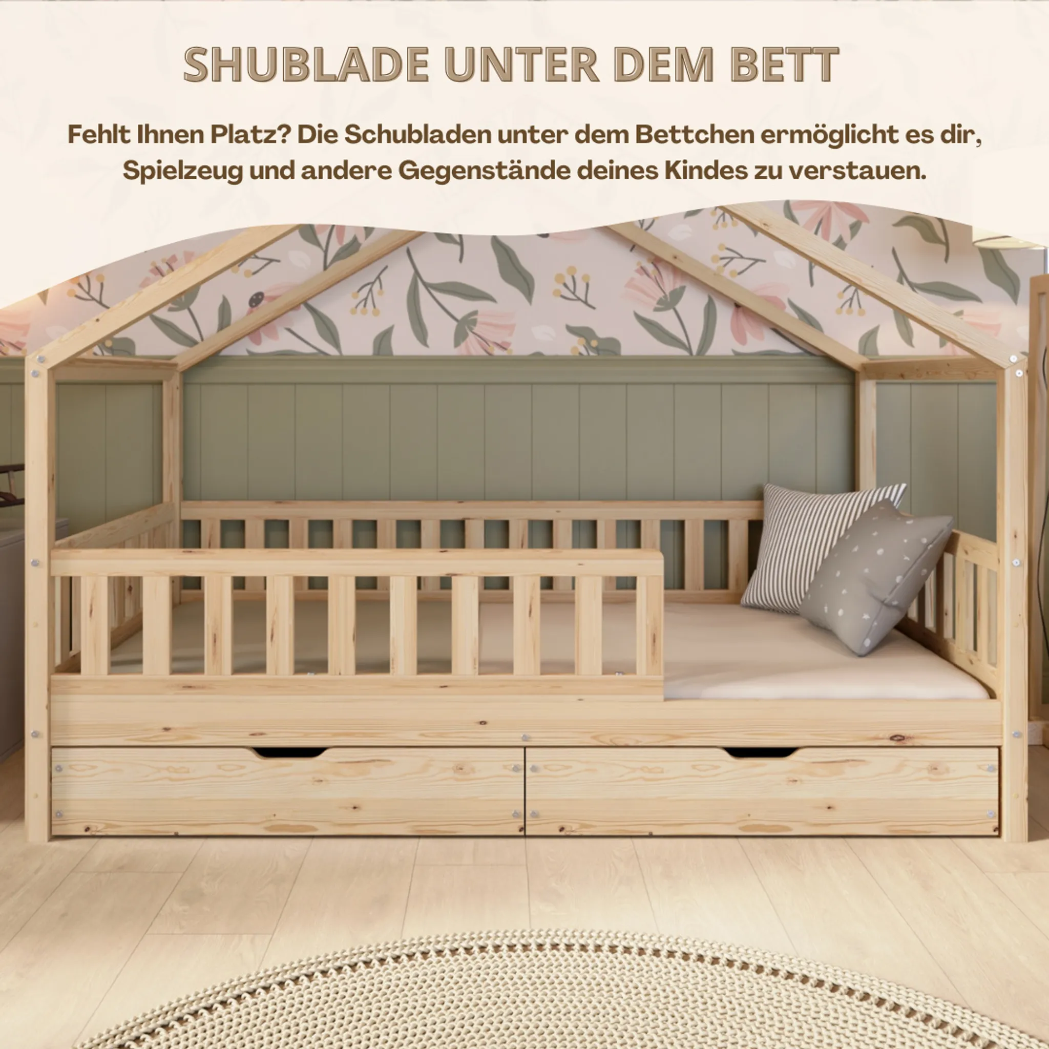 Crazy Pine House Bed with Drawers 80x160 cm – Children's Bed Made of Natural Wood – Floor Bed with Storage and Removable Barrier - Crazy House - Online Shop
