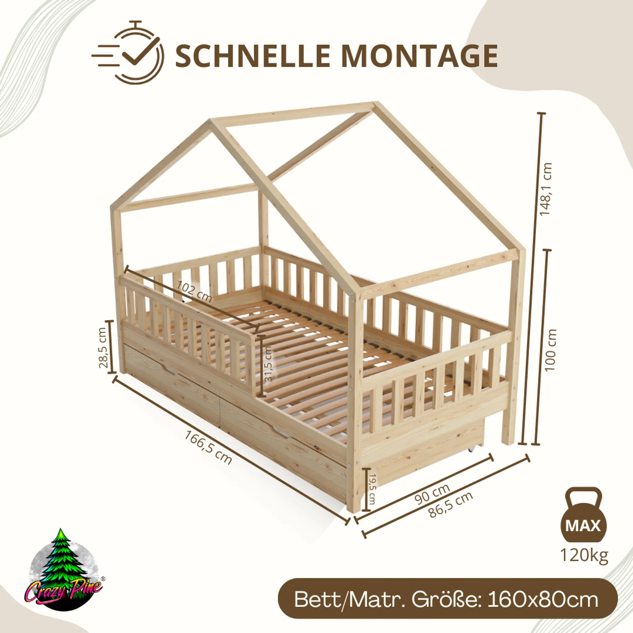 Crazy Pine House Bed with Drawers 80x160 cm – Children's Bed Made of Natural Wood – Floor Bed with Storage and Removable Barrier - Crazy House - Online Shop