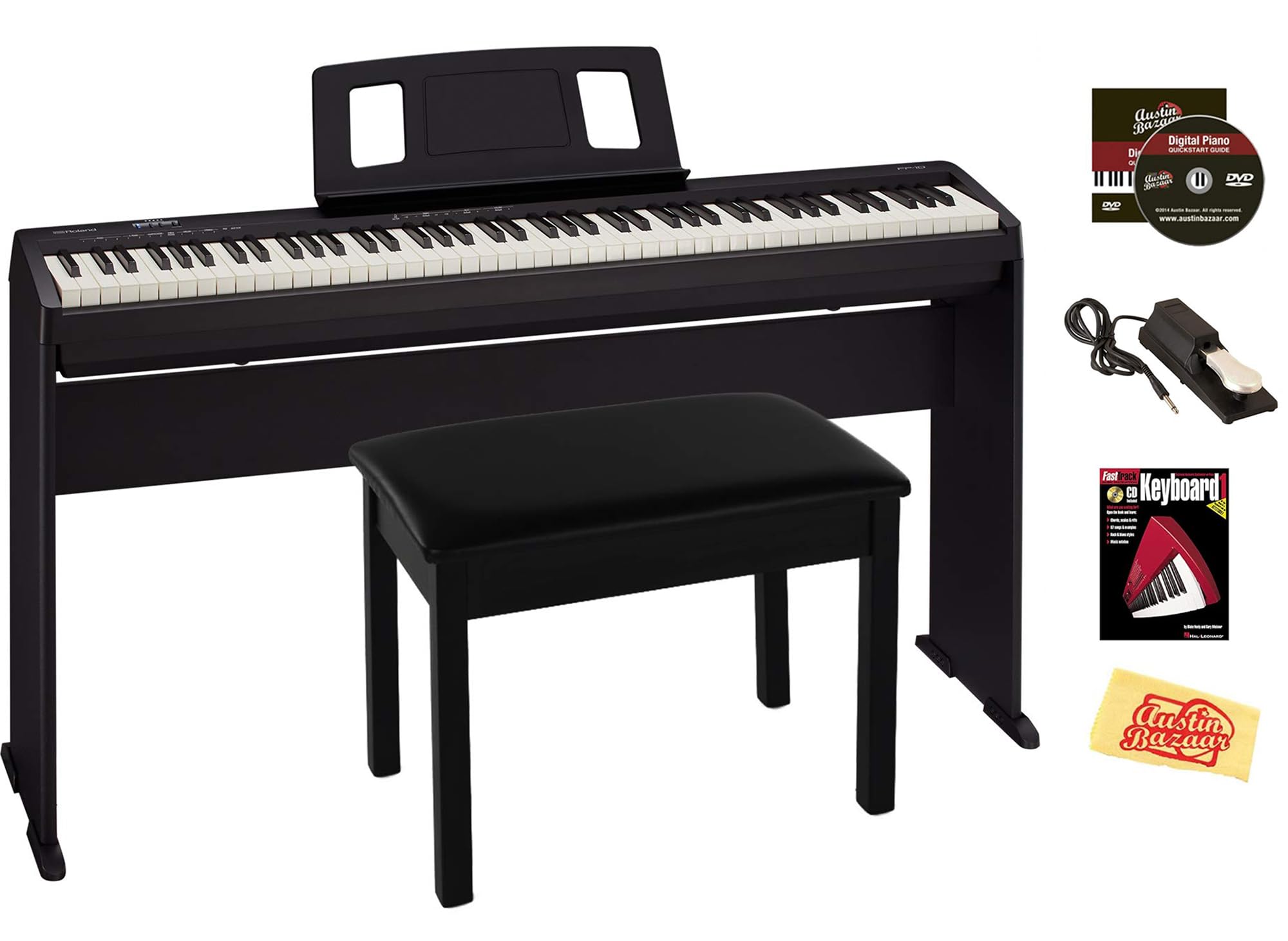 Roland FP-10 Digital Piano - Black Bundle with KSC-FP10 Stand, Bench, Sustain Pedal, Instructional Book, Online Lessons, Instructional DVD, and Austin Bazaar Polishing Cloth - Online Shop