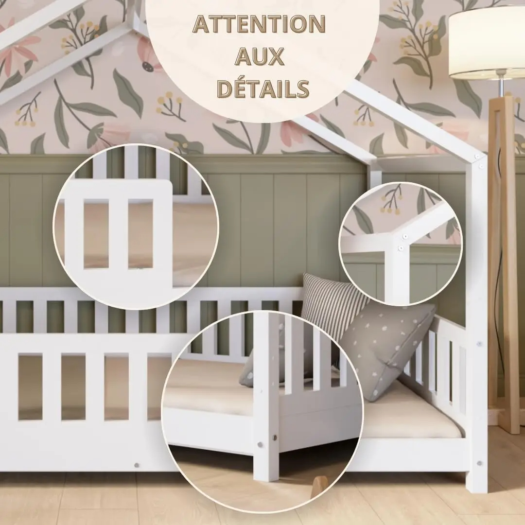 Crazy Pine Cabin Bed 160x80 cm – Natural Wood Children's Bed with Barrier – Montessori Floor Bed with Height-Adjustable Legs and Removable Barrier - Crazy House - Online Shop