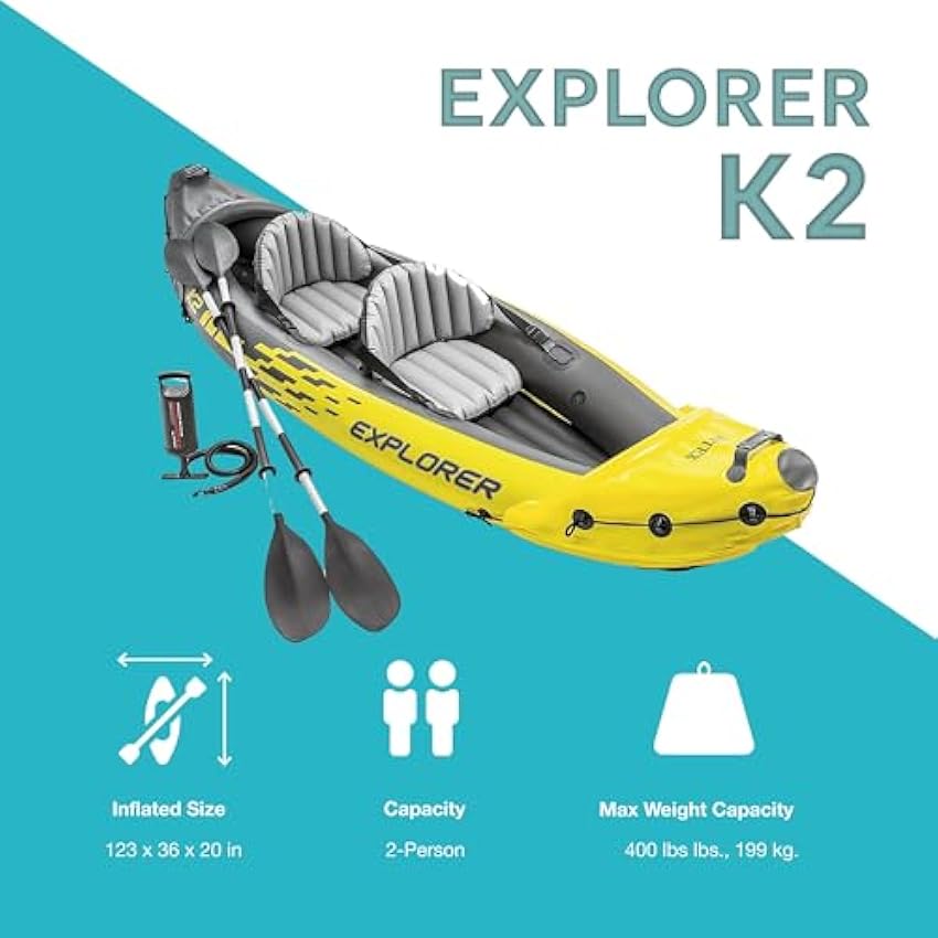 Intex 68307EP Explorer K2 Inflatable Kayak Set: Includes Deluxe 86in Aluminum Oars and High-Output Pump – SuperStrong PVC – Adjustable Seats with Backrest – 2-Person – 400lb Weight Capacity - Online Shop